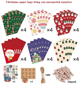 24-piece Christmas gift bag set with hemp rope, wooden clips, and festive stickers