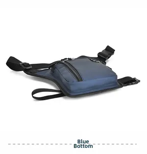 Detailed bottom view of blue waterproof nylon leg bag with durable reinforced stitching