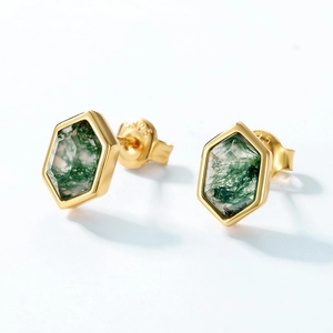 S925 silver gold-plated hexagonal moss agate stud earrings with natural green textures