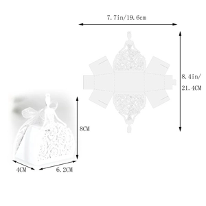 Technical drawing showing dimensions of white laser-cut hollow rose candy gift boxes