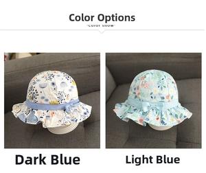 Detail view of floral baby sun hats in dark blue and light blue with ribbon bows