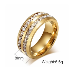 8mm wide gold titanium steel ring for women with double row cubic zirconia inlays