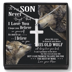 Silver cross necklace for men in a black gift box with an emotional mother-son card