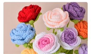 Macro detail of handmade crochet roses showing intricate knitted yarn textures and colors