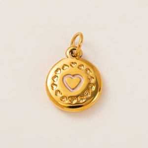 18k gold plated stainless steel pendant with pink enamel heart and relief pattern