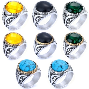 Vintage Engraved Men Ring Stainless Steel With Large Oval Gemstone Tiger Eye Turquoise Retro Punk Gothic Ethnic Jewelry