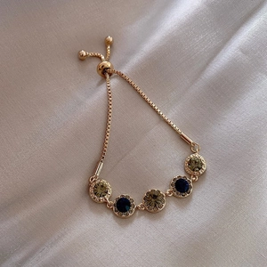 Adjustable Gold Plated Alloy Bracelet Rhinestone Colorful Round Square Gemstone Elegant Jewelry For Women
