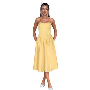 French vintage yellow strapless midi dress with a cinched waist and A-line silhouette