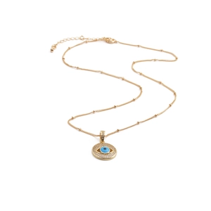 Gold plated evil eye heart pendant necklace with blue eye and sparkling crystal accents