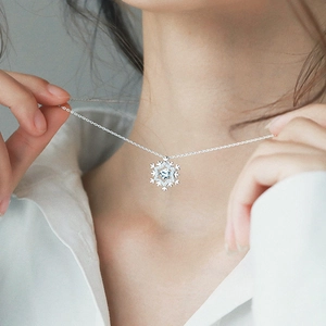 Close-up of S925 sterling silver snowflake necklace with cubic zirconia on model