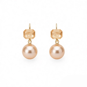 Elegant champagne pearl drop earrings with faceted crystal stud in polished gold finish
