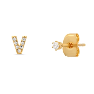 Detail view of gold letter V stud earring with crystal inlay and classic prong set diamond