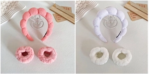 Pink and lilac soft sponge headbands and matching wristbands for spa and makeup