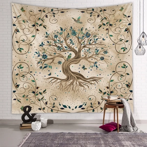 Detail of life tree tapestry with blue birds on a beige background in a home setting
