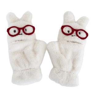 Winter Plüsch Hasen Fäustlinge mit roter Brille und dickem warmem Futter für Damen