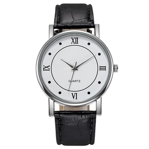 Detailed front view of silver quartz watch featuring Roman numerals and black leather strap