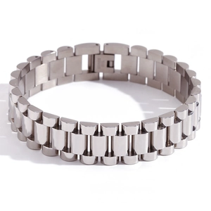 Macro shot of silver stainless steel president link bracelet with folding clasp detail