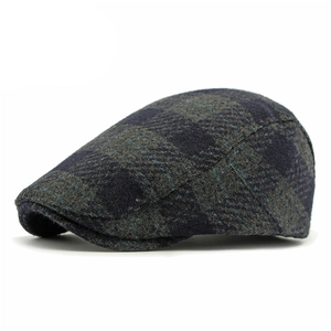 Classic dark grey plaid wool beret cap for winter with a vintage British style