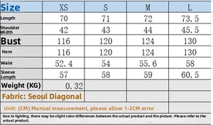 Detailed size chart for shirt and wide-leg pants set with measurements in centimeters
