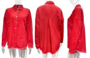 Detail view of red distressed denim jacket with frayed edges and button closure