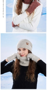 Detail of winter knitted set featuring ribbed beanie, scarf, and gloves in mixed colors
