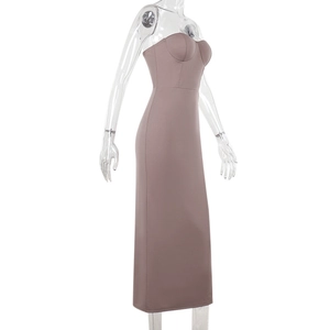 Detail view of the strapless knitted bodycon dress in elegant dusty pink shade