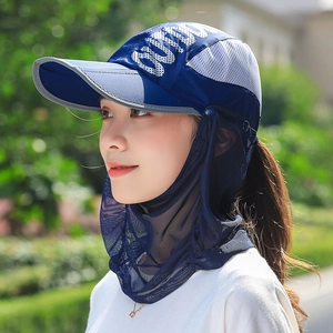 Vista laterale del cappello da pesca con protezione viso blu scuro e coprinuca in rete