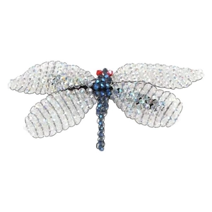 Handcrafted blue crystal dragonfly hair clip with iridescent wings on white background