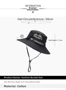 Tabella taglie per cappello in cotone nero con tesa da 9cm e circonferenza di 58cm