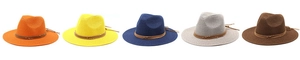 Row of colorful wide brim straw fedora hats with beaded bands in various summer colors
