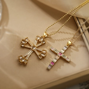 Cross Pendant Necklace 18K Gold Plated Copper With Colorful Cubic Zirconia Hip Hop Style Fashion For Women Jewelry