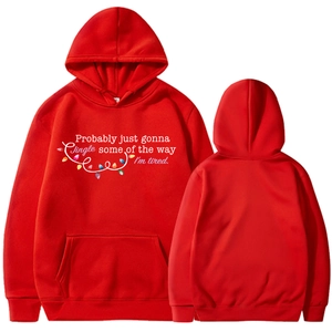 Red Jingle Some Of The Way I'm Tired Christmas hoodie with pouch pocket and festive print