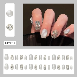 French style light luxury press-on nails in pearl white with silver glitter and sequins