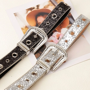 Women Rhinestone Belt Sequin PU Leather Bling Western Buckle Punk Y2K Fashion Waistband For Jeans
