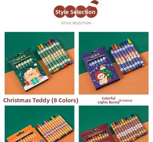 Detail of Christmas themed 8-color crayon sets with festive teddy and rabbit cartoon designs