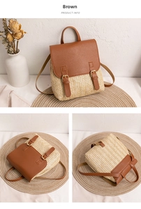 Detail of woven straw backpack with brown leather straps and gold metal hardware