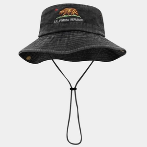 Washed black cotton bucket hat with California Republic bear embroidery and wind cord