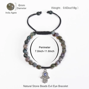 Bracelet en perles d'agate indienne 6mm avec breloque main de Hamsa œil bleu unisexe