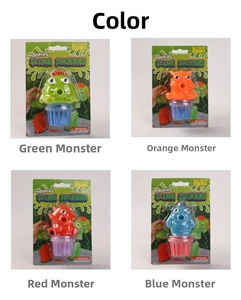 Detail view of the colorful slime monster toy set in blue, green, red and orange packs