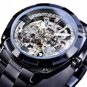 Men's skeleton mechanical watch in black stainless steel with visible gold gear movement