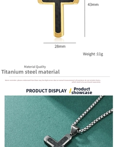 Detail of titanium steel cross pendant with carbon fiber inlay and size dimensions