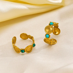 Gold plated stainless steel rings with round turquoise and malachite stones
