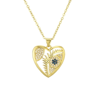 Golden heart necklace with colorful evil eye and feather pendant with inset blue crystals