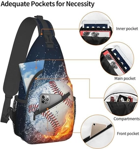 Détails du sac bandoulière chat avec motif baseball montrant les poches et compartiments