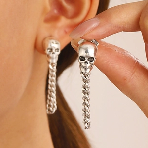 Gothic silver skull earrings with long metal chain tassels and vintage punk design