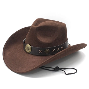 Chapeau de cowboy western classique en daim marron foncé avec bande en cuir et cordon