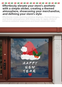 Detail of Christmas hat and Happy New Year window decal on a glass door surface