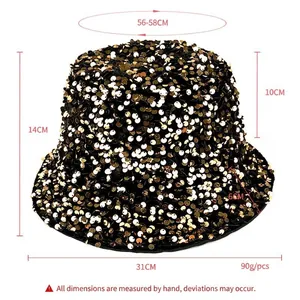 Sparkly leopard sequin bucket hat for women with size chart showing 56-58cm circumference