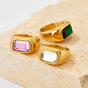 Vintage Wide Band Ring Stainless Steel Gold Plated Rectangular Colorful Cubic Zirconia Minimalist Jewelry For Women