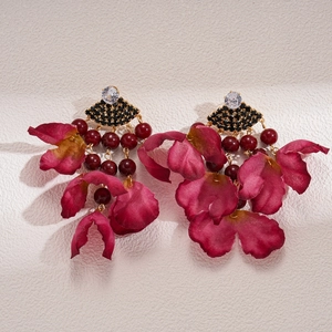 Vintage fan-shaped stud earrings with red fabric petals and sparkling crystal beads